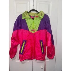 Vintage 80s 90s River Edge Neon Colorblock Windbreaker Jacket M Retro Pullover